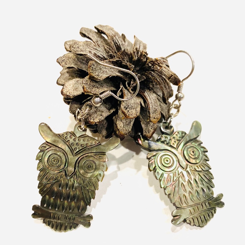 Unique Hand Carved Shell Owl Earrings